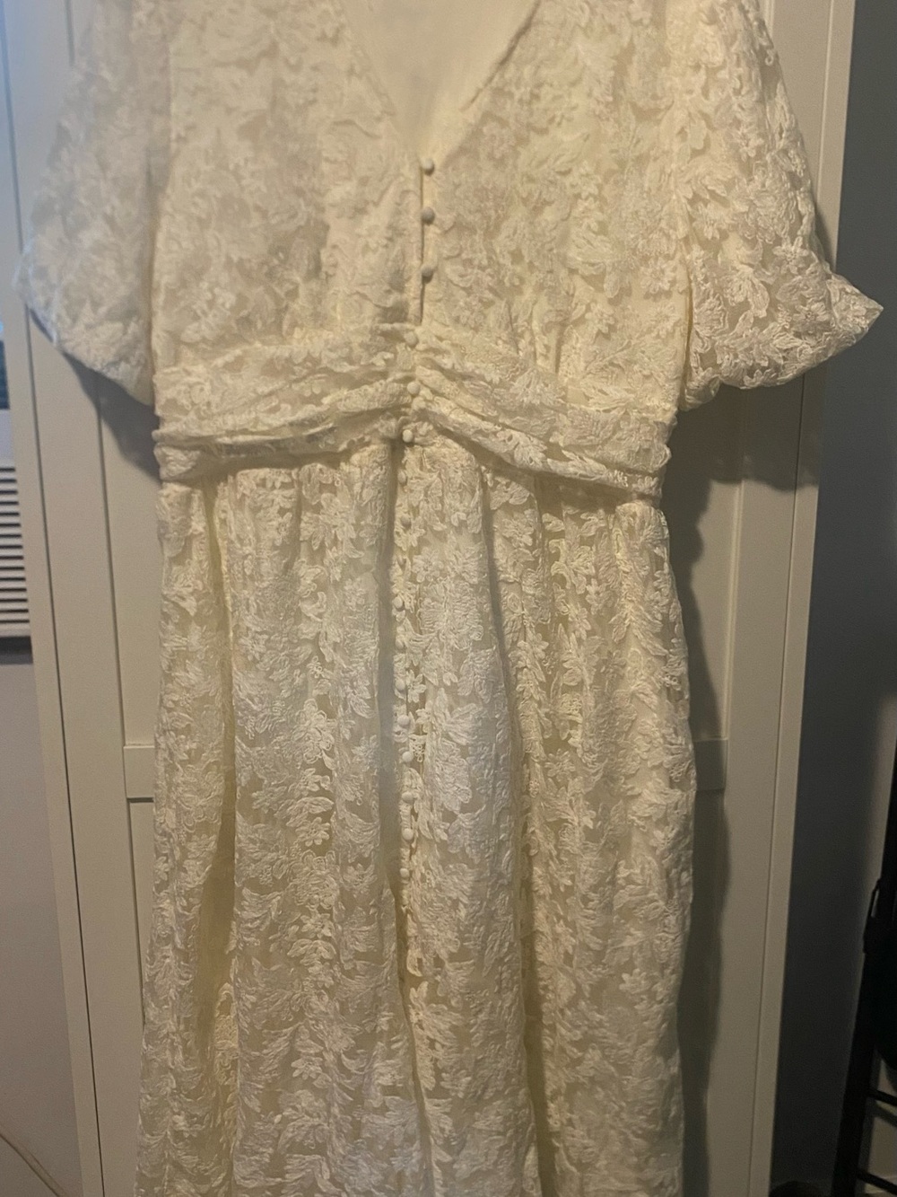 Ivory Lace Midi Dress with Puff Sleeves - Picture 2 of 6